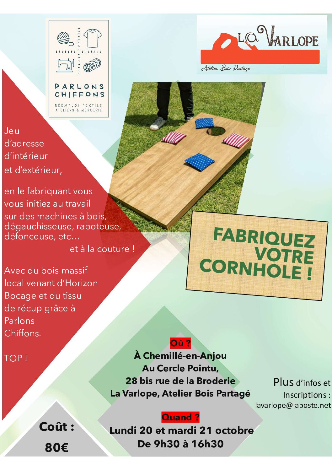 Affiche Cornhole- la varlope et Parlons Chiffons Logo de Fileuses d'Histoire, rédactrice au Cercle pointu, Chemillé (49)